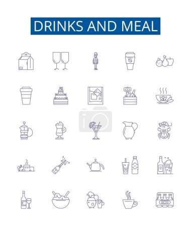 Illustration for Drinks and meal line icons signs set. Design collection of Beverages, Food, Dining, Soda, Beer, Cuisine, Juice, Cocktails outline vector concept illustrations - Royalty Free Image