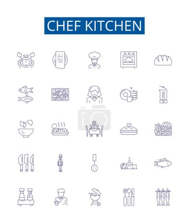 Illustration for Chef kitchen line icons signs set. Design collection of Cooking, Cuisine, Chef, Recipe, Kitchenware, Knives, Utensils, Prep outline vector concept illustrations - Royalty Free Image