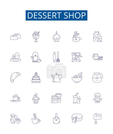 Illustration for Dessert shop line icons signs set. Design collection of dessert, shop, bakery, pastry, confectionery, ice cream, sorbet, parlor outline vector concept illustrations - Royalty Free Image