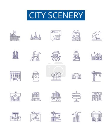 Illustration for City scenery line icons signs set. Design collection of Urban, Buildings, Streets, Skyscrapers, Night, People, Skyline, Bridge outline vector concept illustrations - Royalty Free Image