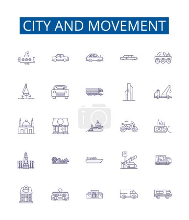 Illustration for City and movement line icons signs set. Design collection of city, movement, transportation, urban, pedestrian, bike, car, bus outline vector concept illustrations - Royalty Free Image