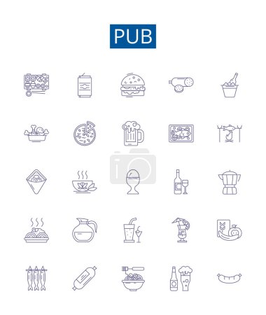 Illustration for Pub line icons signs set. Design collection of Bar, Alehouse, Tavern, Pubs, Brewery, Taproom, Public House, Watering Hole outline vector concept illustrations - Royalty Free Image