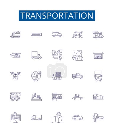 Illustration for Transportation line icons signs set. Design collection of Transport, Travel, Shuttle, Taxi, Ride, Plane, Ferry, Ship outline vector concept illustrations - Royalty Free Image