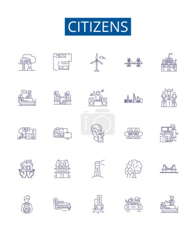 Illustration for Citizens line icons signs set. Design collection of Citizens, Population, Residents, Voters, Members, Individuals, Society, Congregation outline vector concept illustrations - Royalty Free Image