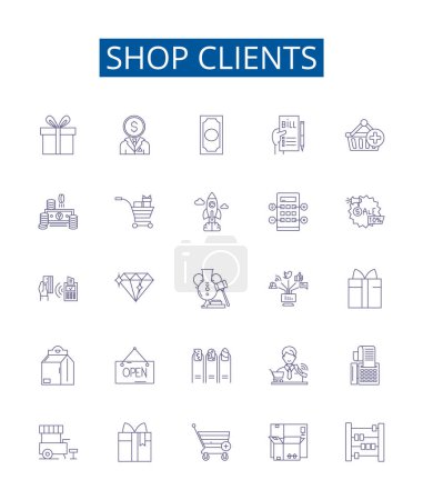 Illustration for Shop clients line icons signs set. Design collection of Customers, buyers, shoppers, patrons, consumers, attendees, guests, subscribers outline vector concept illustrations - Royalty Free Image