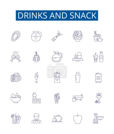 Illustration for Drinks and snack line icons signs set. Design collection of Cuisine, Diet, Baking, Feasting, Gourmet, Nourishment, Banquet, Savoring outline vector concept illustrations - Royalty Free Image