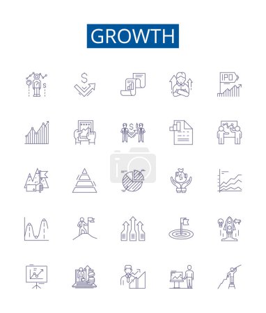 Illustration for Growth line icons signs set. Design collection of Expansion, Advancement, Rise, Increment, Heighten, Develop, Increase, Amplify outline vector concept illustrations - Royalty Free Image