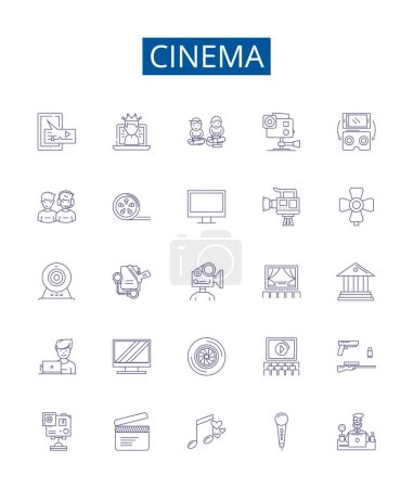 Cinema line icons signs set. Design collection of Film, Theater, Movie, Showing, Screening, Projection, Reel, Playback outline vector concept illustrations