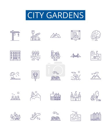 Illustration for City gardens line icons signs set. Design collection of Urban, Park, Green, Plaza, Vegetation, Lawns, Paths, Walkways outline vector concept illustrations - Royalty Free Image
