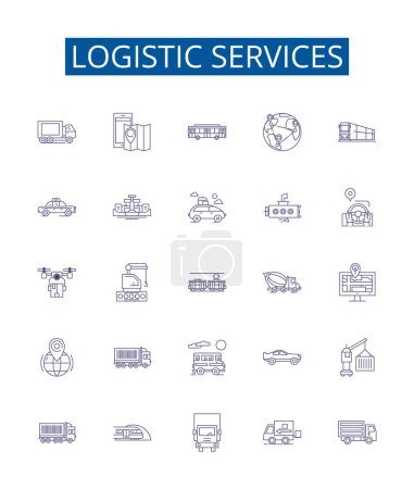 Servicios logísticos línea iconos signos establecidos. Diseño de la colección de logística, servicios, envío, entrega, carga, carga, almacenamiento, esquema de envío concepto vectorial ilustraciones