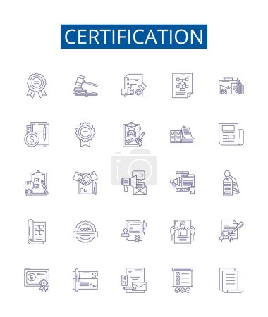 Ilustración de Línea de certificación iconos signos establecidos. Diseño de la colección de Certificado, Credencial, Licenciado, Calificado, Aprobado, Acreditado, Aprobado, Afirmada esquema vector concepto ilustraciones - Imagen libre de derechos