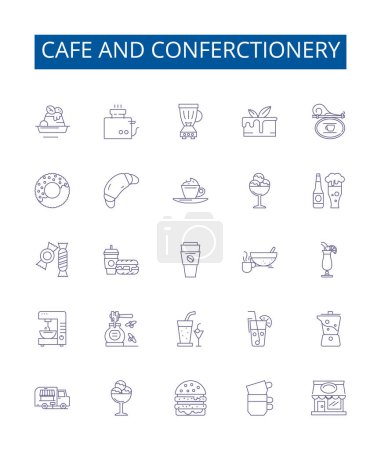 Illustration for Cafe and conferctionery line icons signs set. Design collection of Cafe, Confectionery, Bakeshop, Patisserie, Pastry, Bakery, Cake, Cookies outline vector concept illustrations - Royalty Free Image