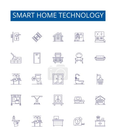 Smart-Home-Technologie Linie Symbole Zeichen gesetzt. Designsammlung von Smart, Home, Technologie, Automatisierung, Vernetzt, Sicherheit, Klima, Beleuchtung skizzierte Vektorkonzepte Illustrationen