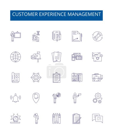 Illustration for Customer experience management line icons signs set. Design collection of Customer, Experience, Management, Improvement, Engagement, Feedback, Data, Processes outline vector concept illustrations - Royalty Free Image