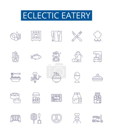 Illustration for Eclectic eatery line icons signs set. Design collection of Eclectic, Eatery, Restaurant, Cuisine, Food, Variety, Fusion, Homemade outline vector concept illustrations - Royalty Free Image