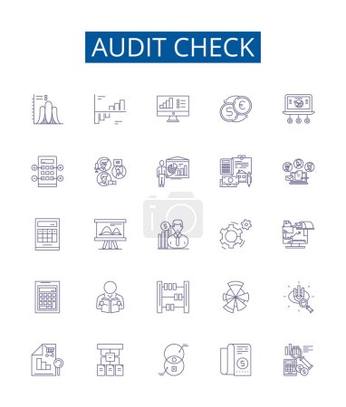 Illustration for Audit check line icons signs set. Design collection of Inspection, Assessing, Verifying, Evaluation, Examining, Monitoring, Scrutiny, Checking outline vector concept illustrations - Royalty Free Image