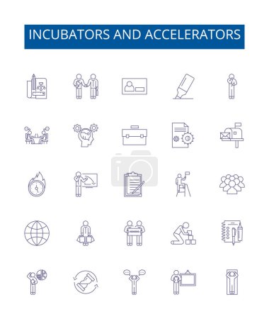 Illustration for Incubators and accelerators line icons signs set. Design collection of Incubators, Accelerators, Startups, Investment, Innovate, Mentoring, Development, Network outline vector concept illustrations - Royalty Free Image