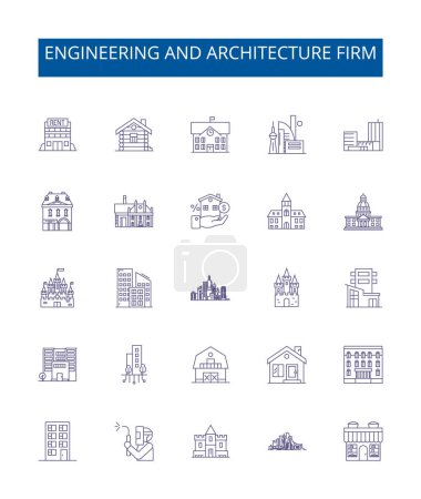 Illustration for Engineering and architecture firm line icons signs set. Design collection of Engineering, Architecture, Firm, Consulting, Structural, Design, Construction, Facility outline vector concept - Royalty Free Image