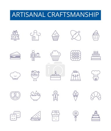 Illustration for Artisanal craftsmanship line icons signs set. Design collection of Handmade, Craftsman, Artisan, Skilled, Traditional, Creative, Quality, Meticulous outline vector concept illustrations - Royalty Free Image