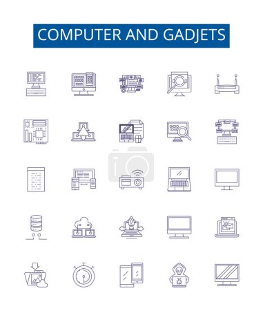 Illustration for Computer and gadjets line icons signs set. Design collection of Hardware, Software, Networking, Laptops, Monitors, Printers, Scanners, Routers outline vector concept illustrations - Royalty Free Image