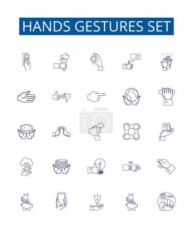 Illustration for Hands gestures set line icons signs set. Design collection of Gesticulate, Waving, Pointing, Grasping, Clasping, Signaling, Flourishing, Flicking outline vector concept illustrations - Royalty Free Image
