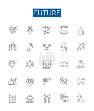 Illustration for Future line icons signs set. Design collection of Futurity, Prospect, Later, Outlook, Foresee, Destiny, Coming, Endure outline vector concept illustrations - Royalty Free Image