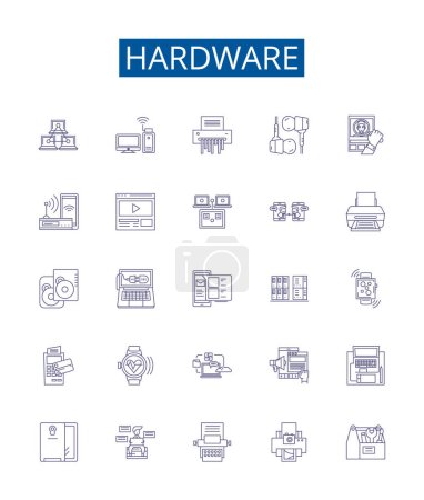Ilustración de Línea de hardware iconos signos establecidos. Diseño de la colección de hardware, componentes, dispositivos, CPU, placas base, RAM, GPU, BIOS esquema concepto de vectores ilustraciones - Imagen libre de derechos
