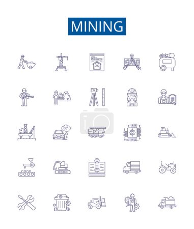 Illustration for Mining line icons signs set. Design collection of Extracting, Digging, Unearthing, Uncovering, Drilling, Essaying, Quarrying, Panning outline vector concept illustrations - Royalty Free Image