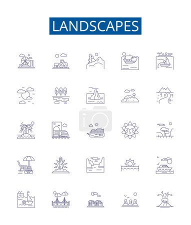 Illustration for Landscapes line icons signs set. Design collection of Vista, Scenery, Terrain, Skyline, Meadow, Outdoors, Nature, Panorama outline vector concept illustrations - Royalty Free Image