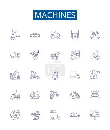 Ilustración de Máquinas línea iconos signos establecidos. Diseño de la colección de robots, autómatas, ordenadores, electrónica, herramientas, motores, aparatos, dispositivos esbozar ilustraciones concepto vectorial - Imagen libre de derechos