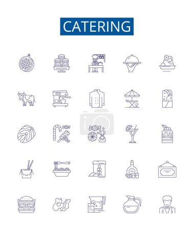 Illustration for Catering line icons signs set. Design collection of Supply, Restaurant, Chef, Cuisine, Events, Meal, Delivery, Service outline vector concept illustrations - Royalty Free Image