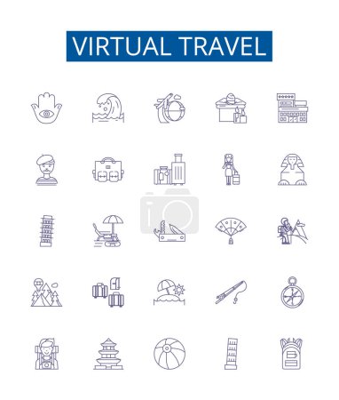Illustration for Virtual travel line icons signs set. Design collection of Virtual, Travel, Tour, Explore, Journey, Fly, Sightseeing, Experience outline vector concept illustrations - Royalty Free Image