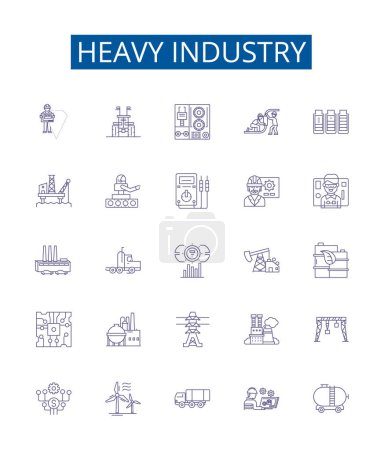 Illustration for Heavy industry line icons signs set. Design collection of Manufacturing, Fabrication, Machining, Mining, Metallurgy, Automation, Robotics, Steelmaking outline vector concept illustrations - Royalty Free Image