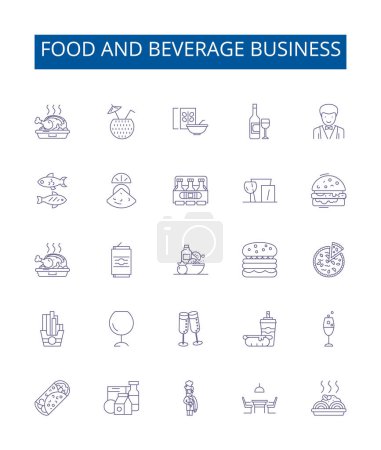 Illustration for Food and beverage business line icons signs set. Design collection of Food, Beverage, Business, Restaurant, Cafe, Cuisine, Catering, Inventory outline vector concept illustrations - Royalty Free Image