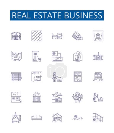 Illustration for Real estate business line icons signs set. Design collection of Property, Investment, Brokerage, Leasing, Landlord, Renting, Realtor, Mortgage outline vector concept illustrations - Royalty Free Image