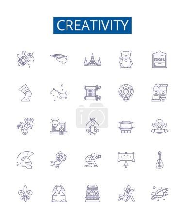 Illustration for Creativity line icons signs set. Design collection of Innovate, Imagination, Originality, Inspire, Design, Artistic, Invention, Think outline vector concept illustrations - Royalty Free Image
