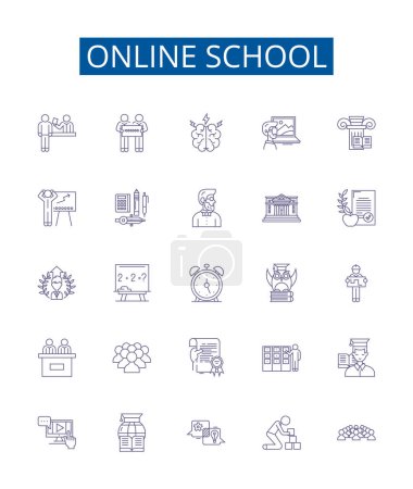 Illustration for Online school line icons signs set. Design collection of E learning, Virtual, Online, Academy, Classes, Tutoring, Courses, Instruction outline vector concept illustrations - Royalty Free Image
