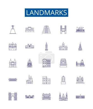 Illustration for Landmarks line icons signs set. Design collection of Monuments, Statues, Structures, Buildings, Palaces, Ruins, Temples, Architecture outline vector concept illustrations - Royalty Free Image