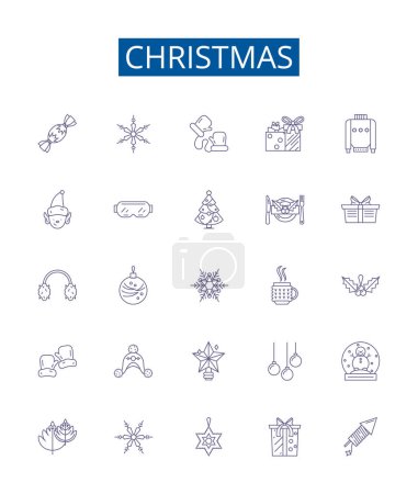 Illustration for Christmas line icons signs set. Design collection of Yule, Noel, Santas, Presents, Elves, Trees, Stockings, Ornaments outline vector concept illustrations - Royalty Free Image