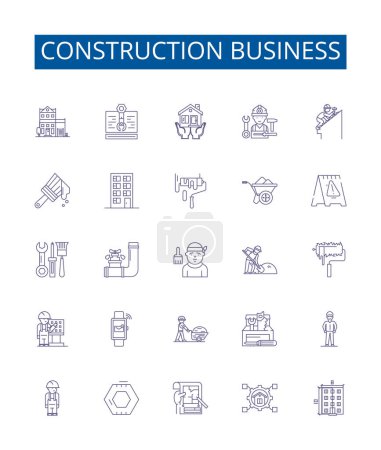 Illustration for Construction business line icons signs set. Design collection of Building, Structure, Contractor, Developing, Engineering, Materials, Supplies, Construction outline vector concept illustrations - Royalty Free Image