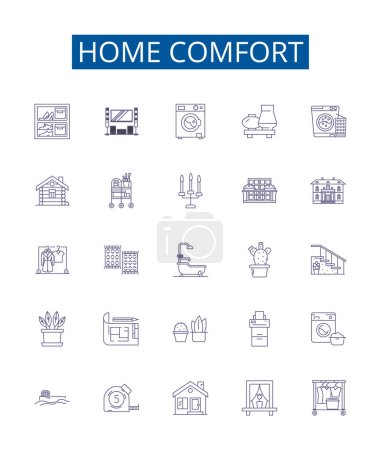 Illustration for Home comfort line icons signs set. Design collection of Homely, Cozy, Cosy, Relaxing, Comfy, Homey, Serene, Tranquil outline vector concept illustrations - Royalty Free Image