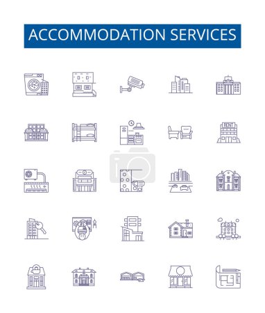 Illustration for Accommodation services line icons signs set. Design collection of Lodging, Residing, Habitats, Abodes, Houses, Quarters, Shelters, Domiciles outline vector concept illustrations - Royalty Free Image