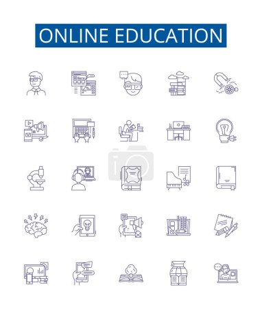 Illustration for Online education line icons signs set. Design collection of eLearning, Remote, Distance, Teaching, Studying, Webinars, Courses, Schools outline vector concept illustrations - Royalty Free Image