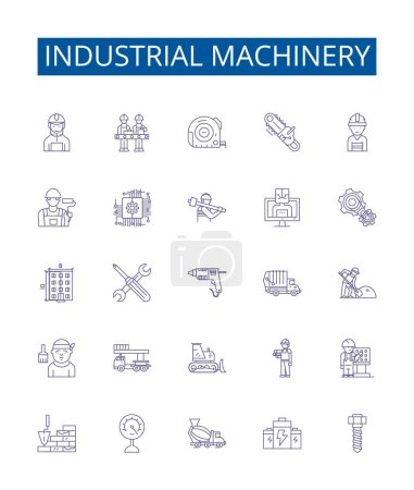 Illustration for Industrial machinery line icons signs set. Design collection of Machinery, Industrial, Equipment, Factories, Manufacturing, Lathes, Mills, Automation outline vector concept illustrations - Royalty Free Image