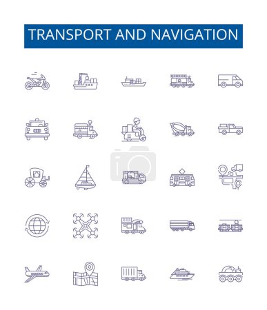 Conjunto de señales de iconos de líneas de transporte y navegación. Diseño de la colección de Transporte, Navegación, Barcos, Aviones, Barcos, Carreteras, Mapas, Pistas esbozan ilustraciones concepto vectorial