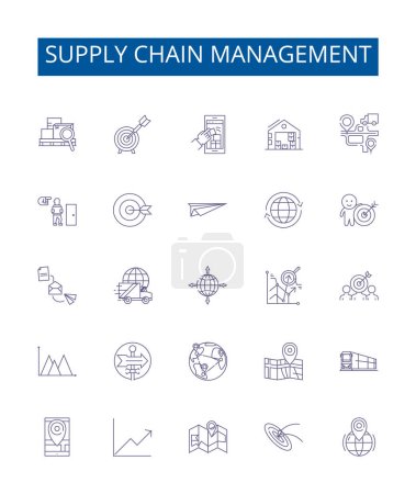 Supply chain management line icons signs set. Design collection of Sourcing, Logistics, Inventory, Procurement, Distribution, Flow, Quality, Processes outline vector concept illustrations