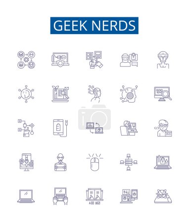 Illustration for Geek nerds line icons signs set. Design collection of Geek, Nerds, Technology, Programmer, Computer, Nerd, Geeky, Coder outline vector concept illustrations - Royalty Free Image