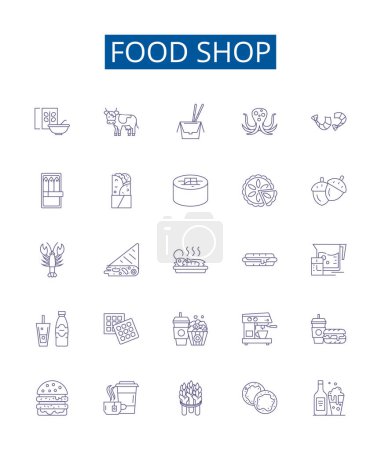 Illustration for Food shop line icons signs set. Design collection of Takeaway, Delicatessen, Pantry, Grocery, Bistro, Restaurant, Diner, Eatery outline vector concept illustrations - Royalty Free Image