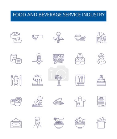 Illustration for Food and beverage service industry line icons signs set. Design collection of Dining, Beverage, Cuisine, Catering, Snacks, Bars, Restaurants, Banqueting outline vector concept illustrations - Royalty Free Image