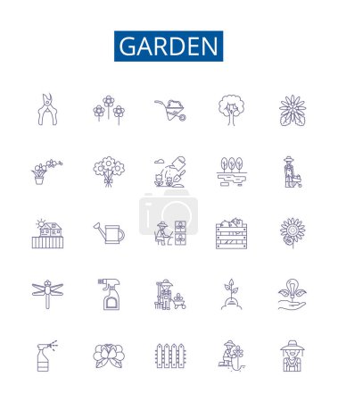 Illustration for Garden line icons signs set. Design collection of Yard, Vegetable, Lawn, Greenery, Trees, Flowers, Shrubs, Plants outline vector concept illustrations - Royalty Free Image